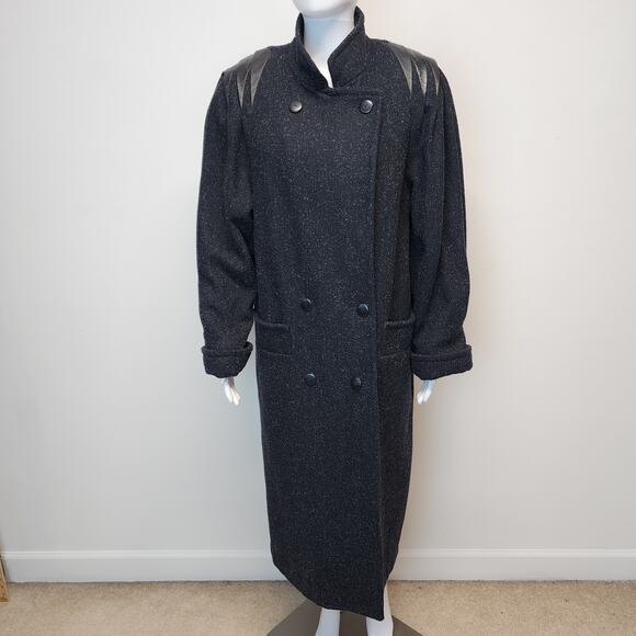 Vintage Maggie Lawrence Trench Coat Size 7/8 Dark Gray Leather Shoulders Wool - Picture 2 of 16